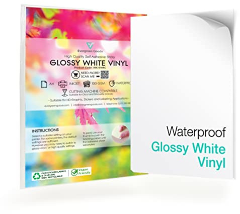 A4 White Glossy Self-Adhesive Printable Sticker Vinyl | 20 Sheets | Inkjet Printers | Sticky Back | Customisable Labels