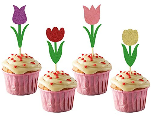 Cupcake-Topper mit Tulpenblüten, Motiv: Happy Mother's Day, Party-Dekoration, Dessert-Einsatz, 24 Stück MGPFERD