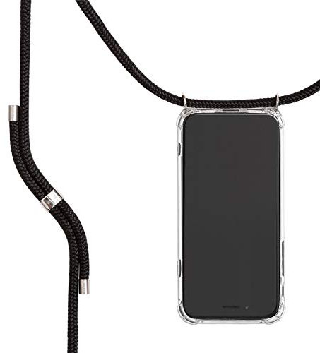 KNOK Handykette Kompatibel mit Apple iPhone 15 - Silikon Hülle mit Band - Handyhülle für Smartphone zum Umhängen - Transparent Case mit Schnur - Schutzhülle mit Kordel in Schwarz Silber