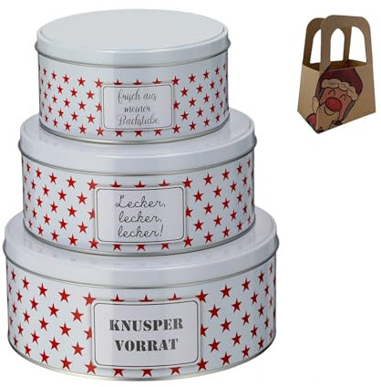 Geschenkset Keksdose Plätzchendose Metalldose 3er Set Sterne rot Weihnachten mit süßer Rentier Mini-Geschenktasche