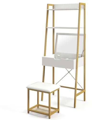 COSTWAY 2 in 1 Schminktisch mit Hocker, Frisiertisch mit Spiegel umkehrbar, Kosmetiktisch mit doppelten Ablagen & verstecktem Schrank, Schreibtisch, Make Up Tisch 60 cm x 39,5 cm x 164,5 cm