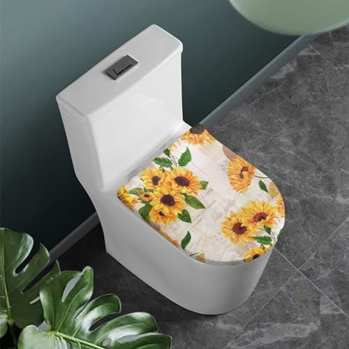 COEQINE Fundas para tapa de inodoro lavables con diseño de girasoles, color beige, floral, con elástico antideslizante, para decoración del hogar