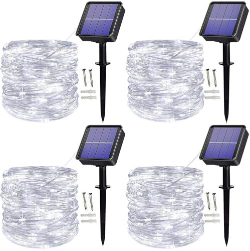 Augone 4 Pack Solar String Lights Outdoor, 12m 120 LED Solar Fairy Lights Waterproof, 8 Mode Outdoor/Indoor Garden Lights Copper Wire Lighting for Wedding, Patio, Yard, Tree, Christmas (Cool White)