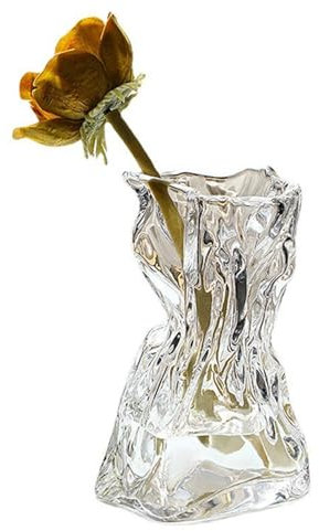 BestAlice Florero de Cristal Transparente, Bolsa de Papel Arrugado, Jarrón de Cristal, Boca Ancha, Plisado, Boca Ancha, para Arreglos Florales, Mesa Central, Decoración del Hogar(Transparente-S)