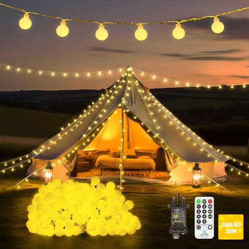 20M 200 LED Fairy Lights Plug in Outdoor Globe String Lights Waterproof with Remote Timer 8 Modes Christmas Lights Powered for Bedroom Patio Garden Tree Party Holiday Indoor Decorations-Warm White