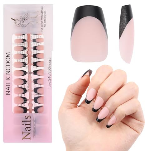 WUZIA French Tips Gel x Nail Tips, 240PCS Press on Nails Pre-applied Tip Primer & Base Coat Cover, 15 Size Soft Gel Fake Nails for Nail Extension DIY(Matte Black-LN White S Coffin)