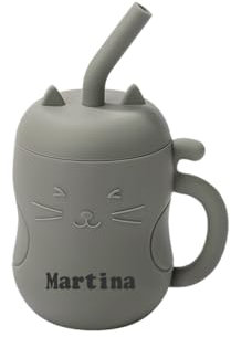 TYRY.HU Tasses avec Paille Nom Personnalisé Enfant Silicone Gobelet d'entraînement pour Bébé avec Poignée Dinky Cup et Tout-petit Tasse Apprentissage Vert Armée