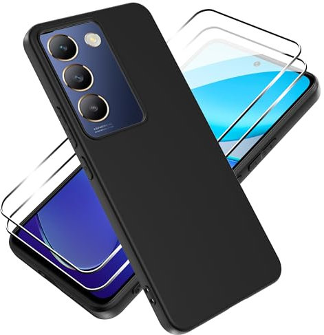 Tieeyivv Funda para Vivo V40 SE 5G/Vivo V30 Lite 4G Cover con Protector de Pantalla Cristal Vidrio Templado Matte TPU Soft Incorporado Cover Anti-rayones, Antigolpes Anti-Amarilleo Protección - Negro