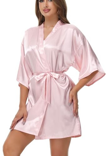 Starblazia Peignoir Satin Femme Kimono Femme Soie Court avec Ceinture Peignoir Mariée Bridesmaid Robes de Chambre Demoiselle d'honneur,L,Rose