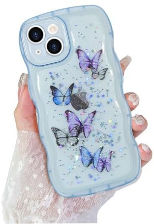 ROSEHUI for iPhone 15 Case,Cute Butterfly Curly Wave Phone Case with Sparkly Glitter Bling Star,Clear Anti-Yellowing Camera Protection Soft TPU Shockproof Protective Cover for Girls-Blue