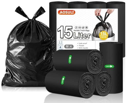 AOSULI Schwarz Müllbeutel 15L Müllsäcke mit Tragegriff Kleine Abfallsäcke für Küche,Schlafzimmer,Büro,Toilette,52 Stück Mülltüten