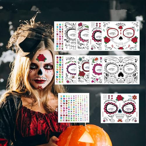 Halloween Tattoo Gesicht,10 Blätter Temporäre Tattoos Aufkleber Gesichtstätowierung Mit Totenkopf Floral,Glitzersteine für Karneval,Maskerade,Halloween Tag der Toten Kostüm Accessoires Damen