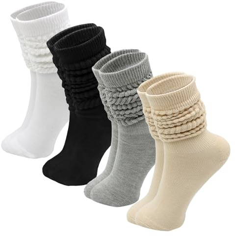 KASURE 4 Paare Damen Slouch Socken, Stulpen Socken Trachtenstrümpfe Lange Socken Extra lange Baumwolle stricken Knie hoch dick Scrunch Sock Baumwoll Strickstiefel Strümpfe 39-44