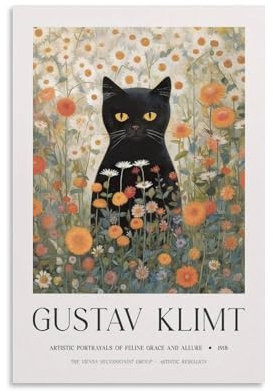 Gustav Klimt Schwarze Katze, Blume, Wandkunst, Poster, Wanddekoration für Schlafzimmer, Leinwand, Gemälde, Badezimmer, Kunst, Wanddekoration, 30 x 45 cm