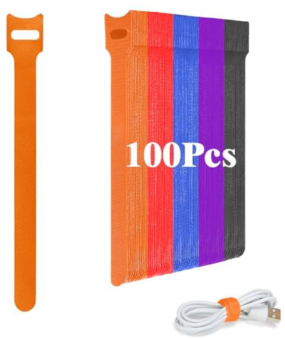 Ruayia Klettbänder 100 Stück Klett Kabelbinder Farbig, Wiederverwendbare Cable Ties 12 * 150mm Ladekabel Hook & Loop Tape Kabel klettkabelbinder- 5 Gemischte Farben (Schwarz+ Rot + Blau+ Lila+ Orange)