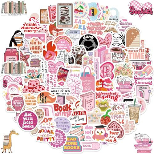 100 Stück Bookish Sticker, Buch Aufkleber Wasserfeste Kawaii Rosa Bücher Lesen Aesthetic Sticker für Skateboard Kindle Laptop Scrapbook, Vinyl Aufkleber für Erwachsene und Jugendliche