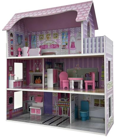 Oypla Childrens Kids Wooden Dolls House Playset with 9pcs Furniture and Accessories