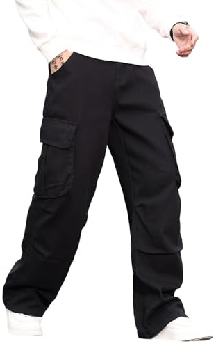 Zewool Mens Casual Wide Leg Denim Cargo Pants Mid Weight Baggy Jeans with Pockets Skater Y2k Hip Hop Streetwear