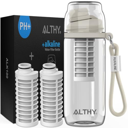 ALTHY Alcalino Borraccia con filtro, Acqua Alcalina Fino a pH 9,5, Minerali ed Elettroliti Aggiunti, Sistema Composto di Alcalinizzazione e Filtrazione, Senza BPA, 500 ml, 3 Filtri Inclusi