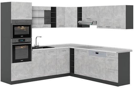 Vicco Eckküche R-Line, Küchenzeile in L-Form, Beton/Anthrazit, 237 x 247 cm, AP Marmor