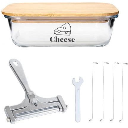 Gzsekken Cheese Storage for Fridge, Airtight Cheese Box with Bamboo Lids&Slicer,Glass Food Container,Fresh Saver Stackable Fridge Organisers Chunks Bacon Keeper Ham Dish