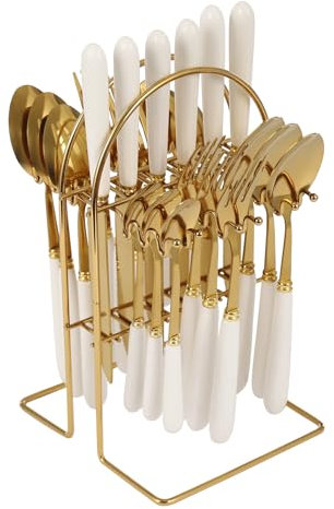 24Pcs Stand Hanging Flatware Set, Mirror Polished Tableware Set, Flatware Set Stand with Metal Hanging Stand, Knife, Fork and Spoons, Setfor 6 Person (White)