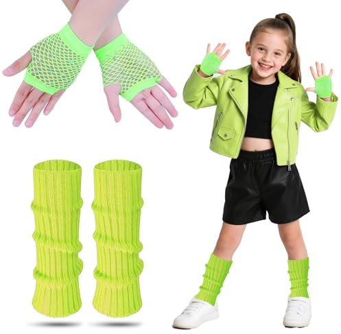 AffeGifts Neon Leg Warmers Kids, Kids 80s Leg Warmers With Neon Fishnet Gloves Warm Knitted Legs Warmers 80s Costume Accessories Set For Girls Fancy Dress 1980s Theme Party (Green)