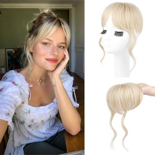 Flufymooz Clip-in-Pony, 30 cm langer Pony mit Bügeln, Haarteile für den Alltag – Kühles Blond