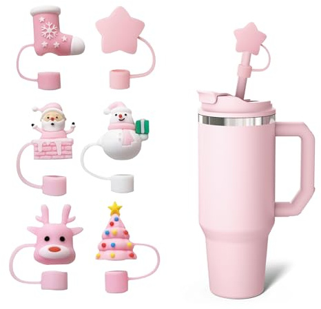 6PCS Christmas Silicone Straw Toppers for Stanley Cup, 10mm Dust-Proof Reusable Straw Covers Cap for 30/40 Oz Tumbler with Handle, Festive Christmas Gift for Coffee/Tea Lovers Pink