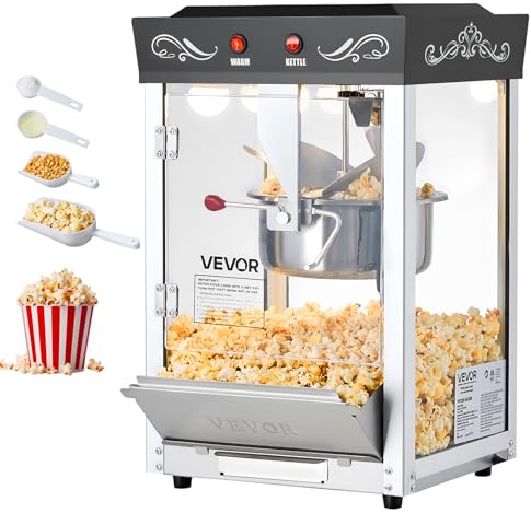 VEVOR Popcornmaschine mit Edelstahlkessel, 800 W kommerzieller Popcornmaker, 48 Tassen pro Ladung, Kinostil, mit 2-Tasten-Bedienung, Glaswand, PC-Tür, 1 Portionierer, 3 Löffel, Schwarz