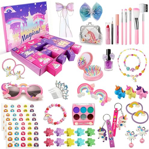 HUTRADE Adventskalender Einhorn Mädchen – 24 Tage Weihnachts Countdown mit Haarschmuck, Armbändern, Kosmetik und weiteren Überraschungen, Geschenk für Tochter oder Enkelin