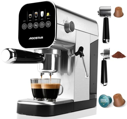 Aigostar Espresso Siebträgermaschine, Kompatibel mit Kapseln & Bohnenkaffee, 0,9L, 1350W, 20 Bar Druck, LCD-Touchscreen, Milchaufschäumer, Edelstahlgehäuse, Kaffeemaschine Klein für Haushalt & Büro