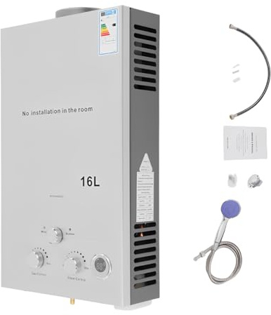 Gas Durchlauferhitzer, LPG Warmwasserbereiter, Heißwasserbereiter Boiler mit Digitalanzeige, Tankless Instant Boiler - für Zuhause, Wohnmobile, Campingplätze, Multi-Schutz (16L)