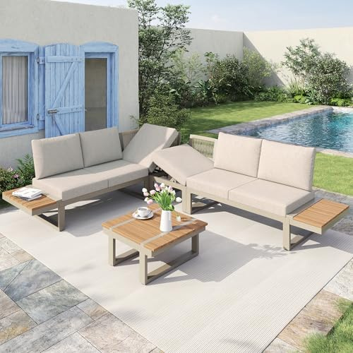 Merax Gartenmöbel Set, Ecksofa umbaubar zu 2 Relaxliegen, Outdoor Lounge mit Couchtisch und Ablage, 5-stufig verstellbar bis 55°, verzinkter Stahlrahmen, für Garten Terrasse Balkon, Beige