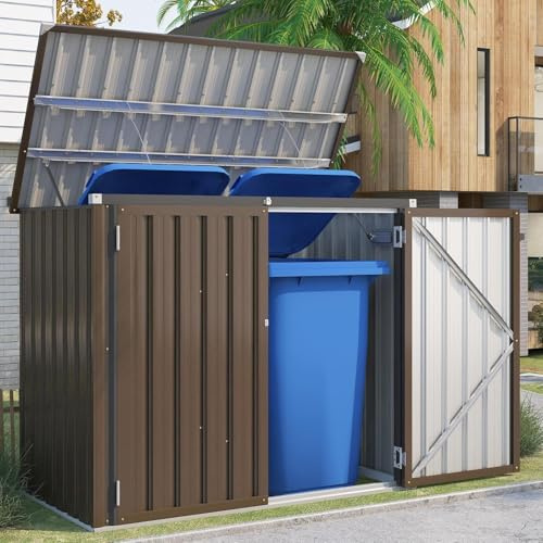 YODOLLA Outdoor Wheelie Bin Box with Gas Lift Weatherproof Tool Shed Lockable Garden Shed for Outdoor Use, 150.6 x 80 x 117.6 cm, 1300 L (Brown)