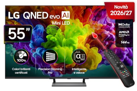 LG QNED evo AI MiniLED 55 pollici Serie QNED93B 55QNED93B6A, Smart TV 4K, Dolby Vision e Atmos, Precision dimming pro, AI Magic Remote, webOS con AI Voice ID, Gaming VRR e FreeSync 144Hz, TV 2026