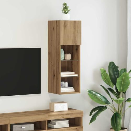 Cartvyn Wandmontierter TV-Schrank Artisan-Eiche aus Holzwerkstoff 30,5 x 30 x 90 cm mit LED-Streifen, Schwenktür, praktischem Stauraum und modernem Design für Wohnzimmer und TV-Bereich