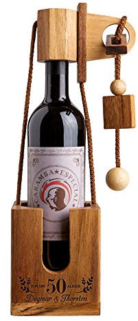 Flaschen-Puzzle, Geduldspiel aus Edelholz mit Gravur zur Goldenen Hochzeit, 50 Jahre in Liebe verbunden, Personalisiert mit [Namen] und [Datum] Geschenk für Paare zum 50. Hochzeitstag, Dunkel