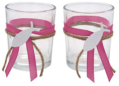 ZauberDeko 2X Teelichtglas Grün Rosa Pink Lila Fisch Vintage Kommunion Konfirmation Tischdeko, Farbe:Pink