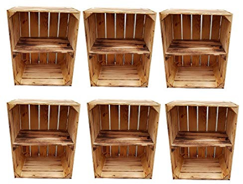 Teramico Massive Holzkisten als Schuhregal / Bücherregal LEICHT GEFLAMMT mit Zwischenbrett (verschraubt) Apfelkisten Obstkisten Weinkisten Kisten-Regal flambiert (6er Set Quer)