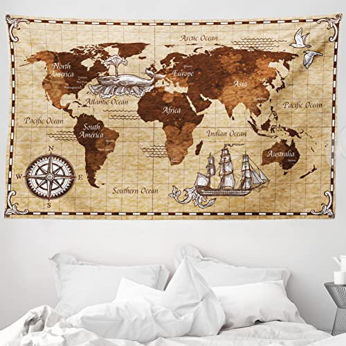 ABAKUHAUS Karte Wandteppich und Tagesdecke, Retro Skizze Weltkarte aus Weiches Mikrofaser Stoff Waschbar ohne Verblassen Digitaldruck, 230 x 140 cm, Sandbraun und Braun