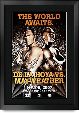 HWC Trading De La Hoya Mayweather Fight Oscar De La Hoya vs. Floyd Mayweather Jr. Gifts, gedrucktes Autogramm für Box-Fans, A3 gerahmt