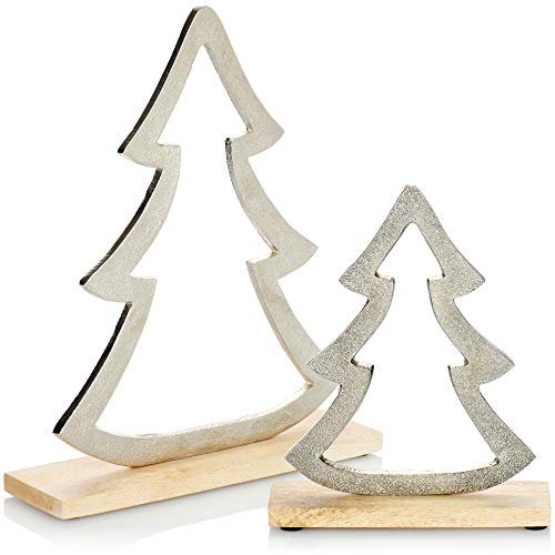 COM-FOUR® 2X Weihnachtsdekoration aus Metall - Weihnachtsfigur Tannenbaum auf Holz-Standfuß - Fensterbrettdeko - Aufsteller Weihnachten - Höhe: 18,5cm, 27cm (2 Stück - Tanne - groß/klein)
