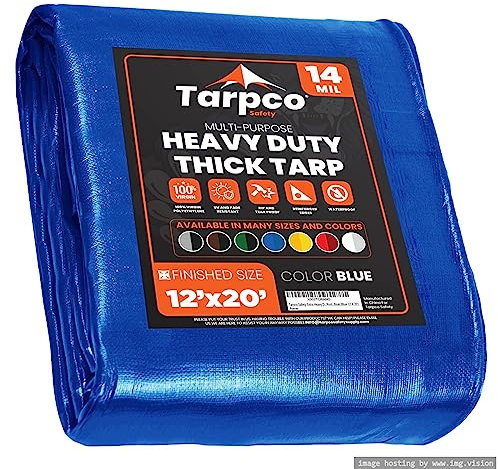 Tarpco Safety Heavy Duty 245 GSM/ 14 Mil Tarp Cover, Waterproof, UV Resistant, Rip and Tear Proof, Poly Tarpaulin with Reinforced Edges for Roof, Boat (Blue 12′ X 20′ | 3.65m X 6.1m)