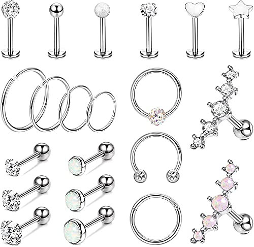 MILACOLATO 21St Edelstahl Piercing Ohr Set Ohrringe Knorpel Ohr 316L Edelstahl Herz Mond Labret Ohrstecker Lippenringe Nasenringe CZ Opal Helix Tragus Ohrringe Conch Daith Piercing Schmuck Silber