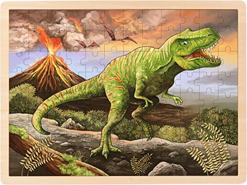 goki 57389 - Einlegepuzzle T-Rex aus Holz, Holzpuzzle mit Dino und Vulkan, Lernspielzeug und Kinderpuzzle, fördert Fantasie und Motorik der Kinder, 40cm x 30cm, 96er Set, ab 3 Jahre
