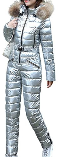 Wilitto Ski suit high waist super comfortable solid color, women's stand-up collar hooded slim warm jacket, outdoor one-piece cotton suit Sliver White XL