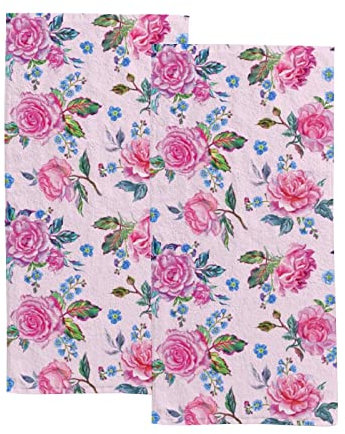BALII Blumen und Blätter Handtuch-Set Rosa, weich, saugfähig, ausbleichsicher, 2 Handtücher Baumwolle Badetuch für Gesicht, Fitnessstudio und Spa