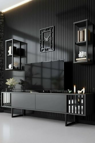 Dmora - Mobile Porta TV Ananke, Credenza da Soggiorno, Armadio Basso per TV, Base Parete attrezzata, 180x30h48 cm, Antracite e Nero