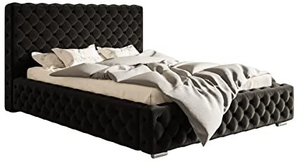 GRAINGOLD Polsterbett Agis mit verstärktem Rahmen und großem Bettkasten, Chromfüße - reich verziert - eleganter Chesterfield-Stil 160x200 cm